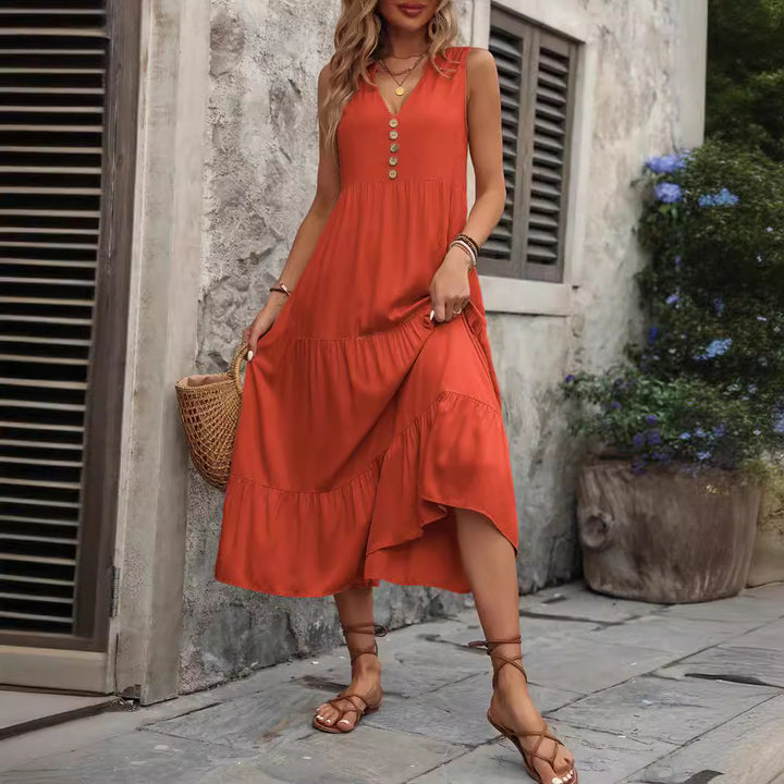 Midi dress for women with V-neck and decorative buttons Lune London