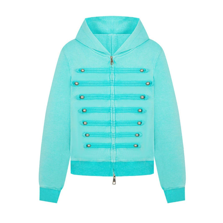 Ladies hooded sweat jacket in military style with decorative cords and metal buttons Amarae