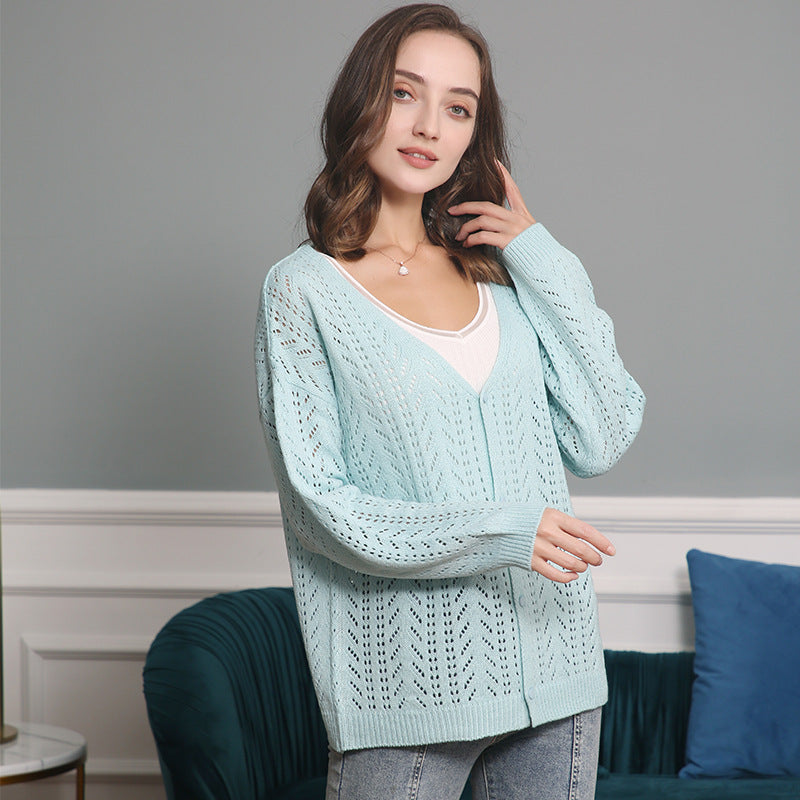 Women's knitted cardigan with airy lace pattern and V-neck Lune London