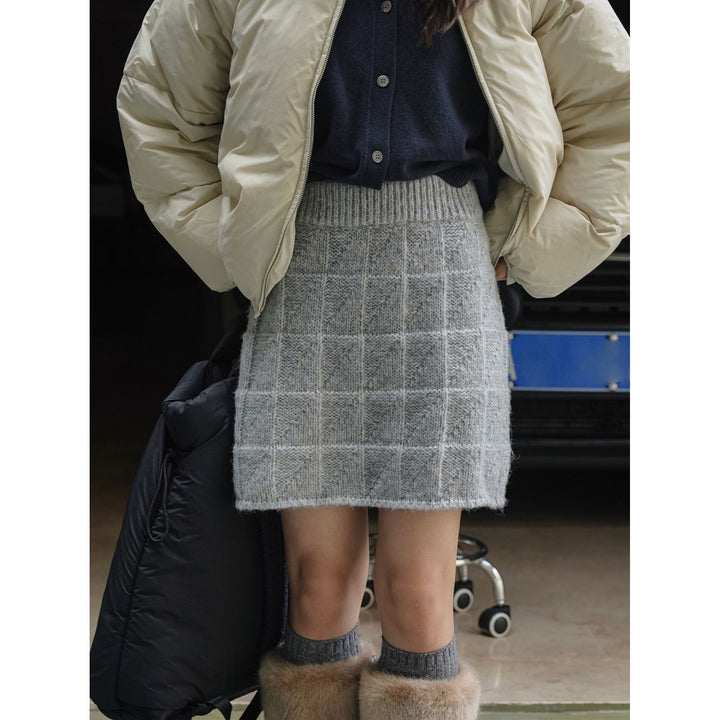 Women's Knitted Check Pattern Mini Skirt with High Waist Amarae