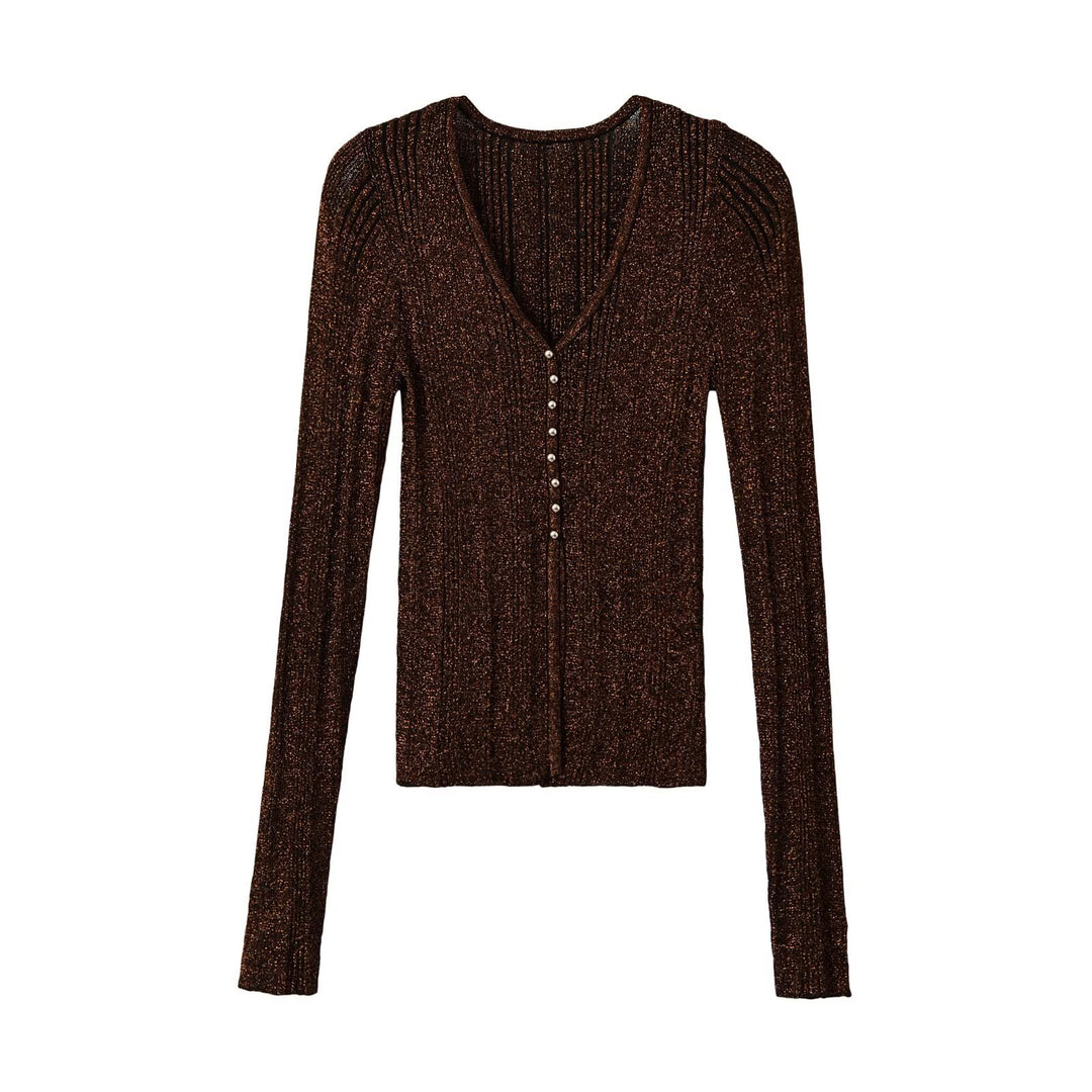 Women's figure-hugging ribbed fine knit cardigan with V-neck, shiny thread and decorative button strip Amarae