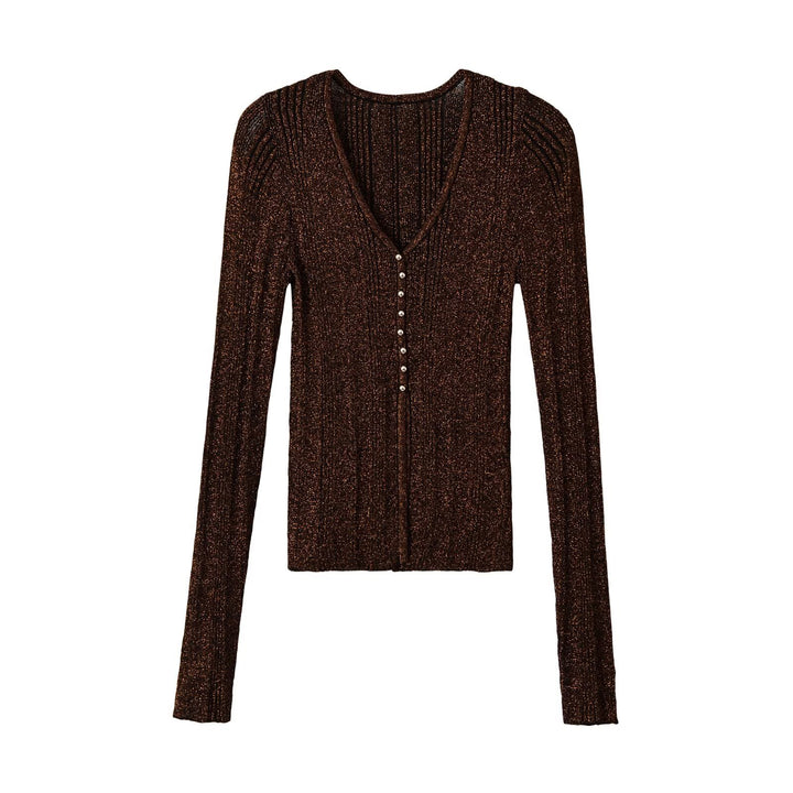 Women's figure-hugging ribbed fine knit cardigan with V-neck, shiny thread and decorative button strip Amarae