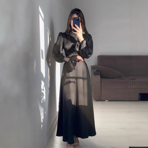 Women Elegant Maxi Dress with Voluminous Puff Sleeves and High-Quality Satin Surface Amarae