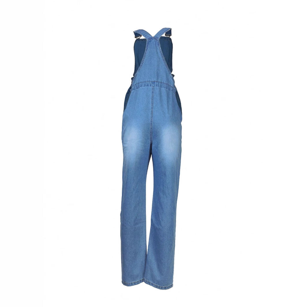 Women's Casual Denim Overall with Drawstring Waist and Patch Pockets Amarae