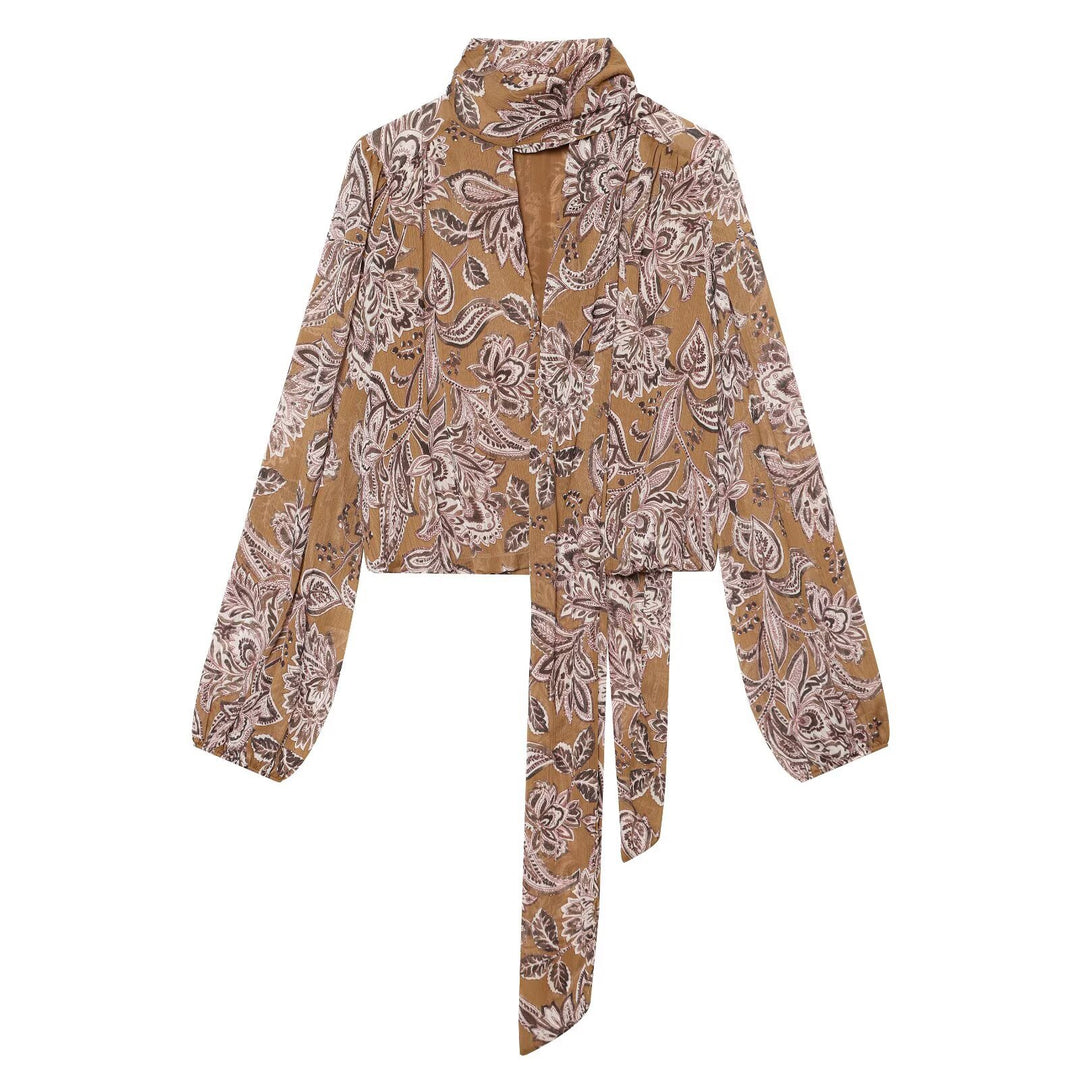 Women Printed Wrap Blouse with Shawl Collar and Balloon Sleeves Amarae