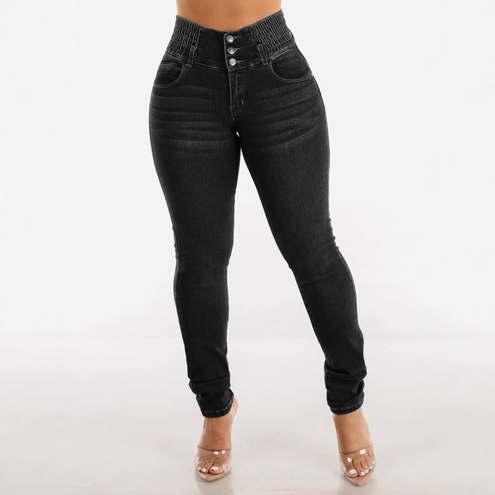 High-waisted skinny jeans for women with elastic waistband and decorative buttons Chic & Stil