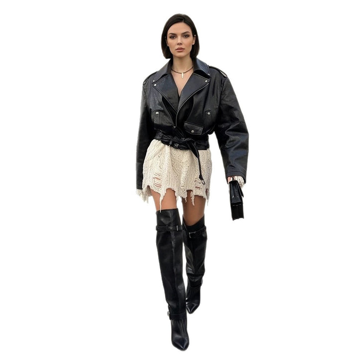Women's Oversized Biker Jacket made of vegan leather imitation with waist belt & epaulettes Amarae