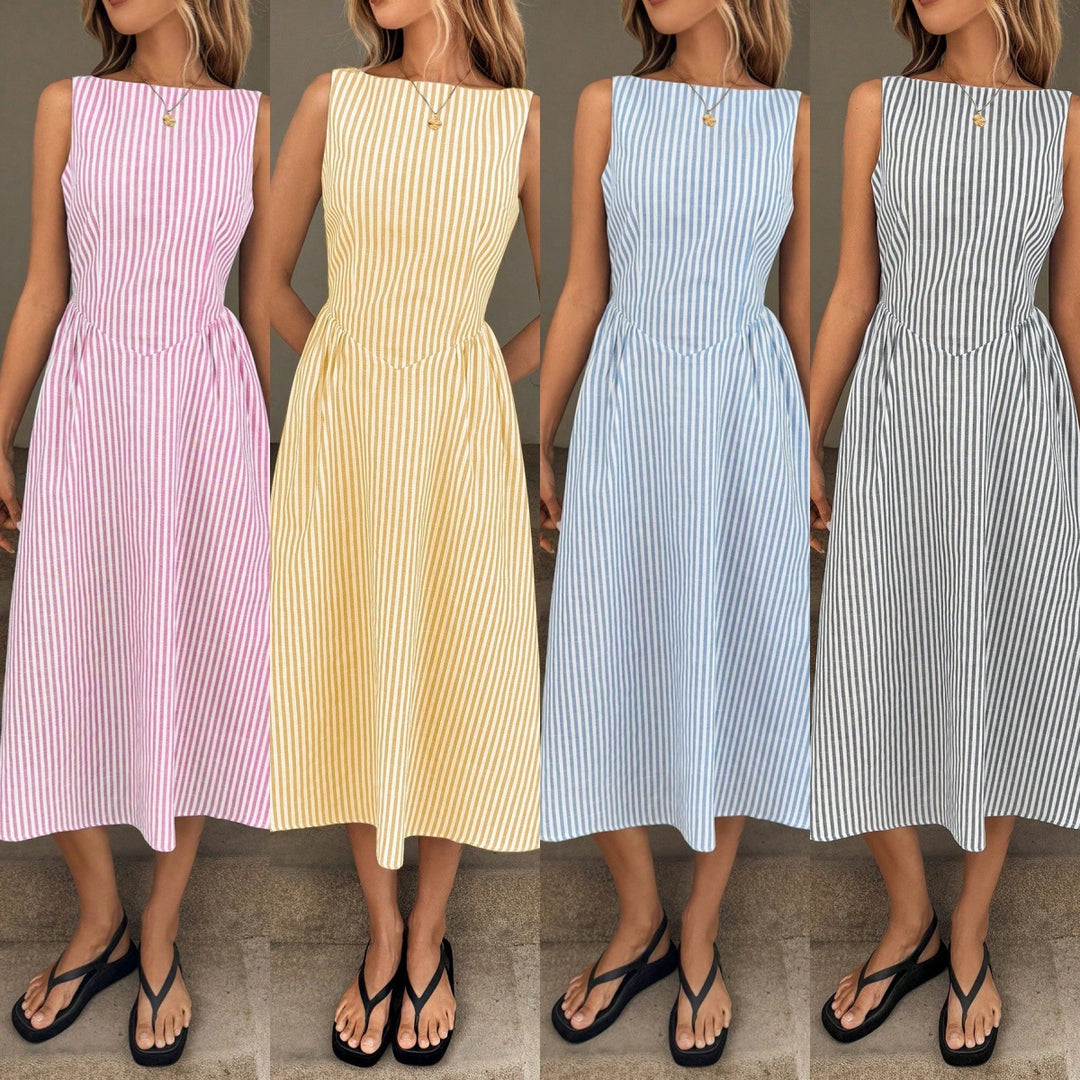 Midi dress for women with fine stripes and a fitted silhouette Lune London