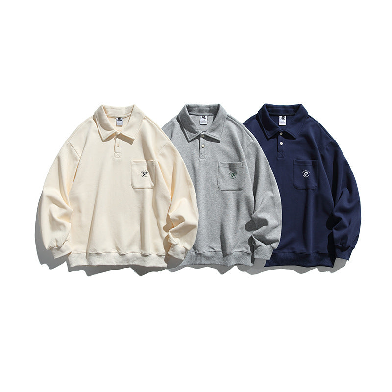 Unisex Oversize Polo Shirt Sweatshirt with Chest Pocket and Ribbed Hem Amarae