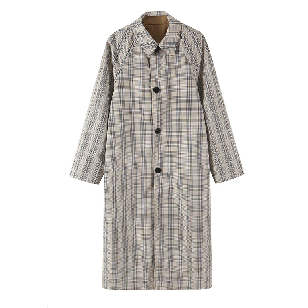 Women's Reversible Trench Coat with Raglan Sleeves, Checked Lining and Hidden Button Placket Amarae