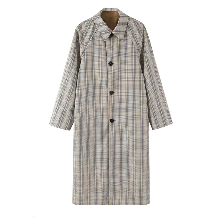 Women's Reversible Trench Coat with Raglan Sleeves, Checked Lining and Hidden Button Placket Amarae
