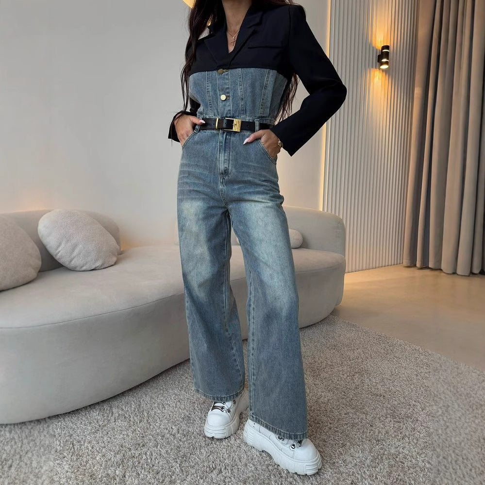 Lady Denim Overall with Contrasting Top and Wide Legs Lune London