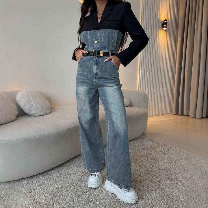 Lady Denim Overall with Contrasting Top and Wide Legs Lune London