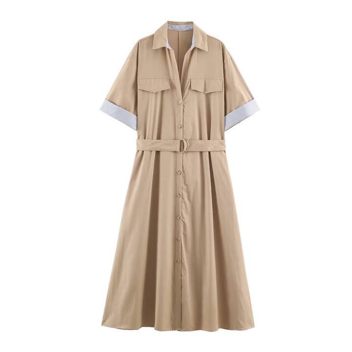 Women's shirt blouse midi dress with belted waist and turn-up sleeves Amarae