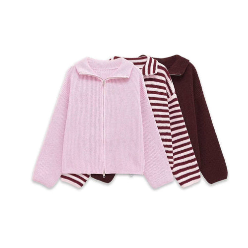 Cardigan rayé pour femmes avec capuche confortable et fermeture éclair Chic & Stil