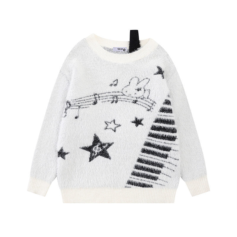 Women's Cozy Knit Sweater with Cartoon Note and Star Motif Amarae
