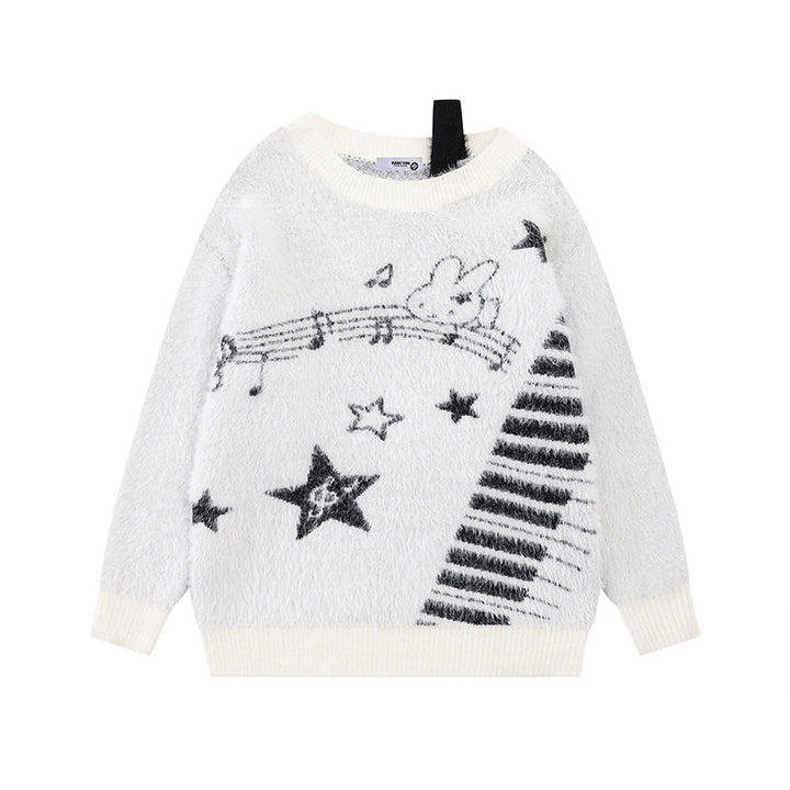 Women's Cozy Knit Sweater with Cartoon Note and Star Motif Amarae