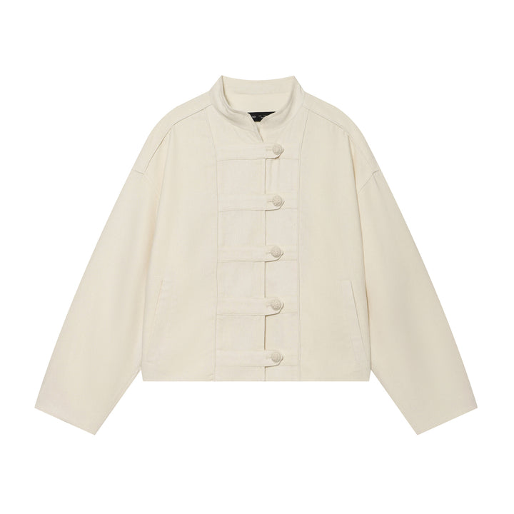 Women's Cropped Jacket with Stand-up Collar and Decorative Knot Buttons Amarae