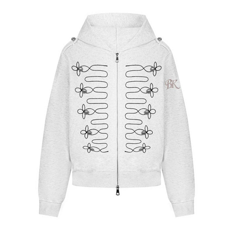 Women's hooded sweatshirt jacket with decorative frogging embroidery and pearl buttons Amarae