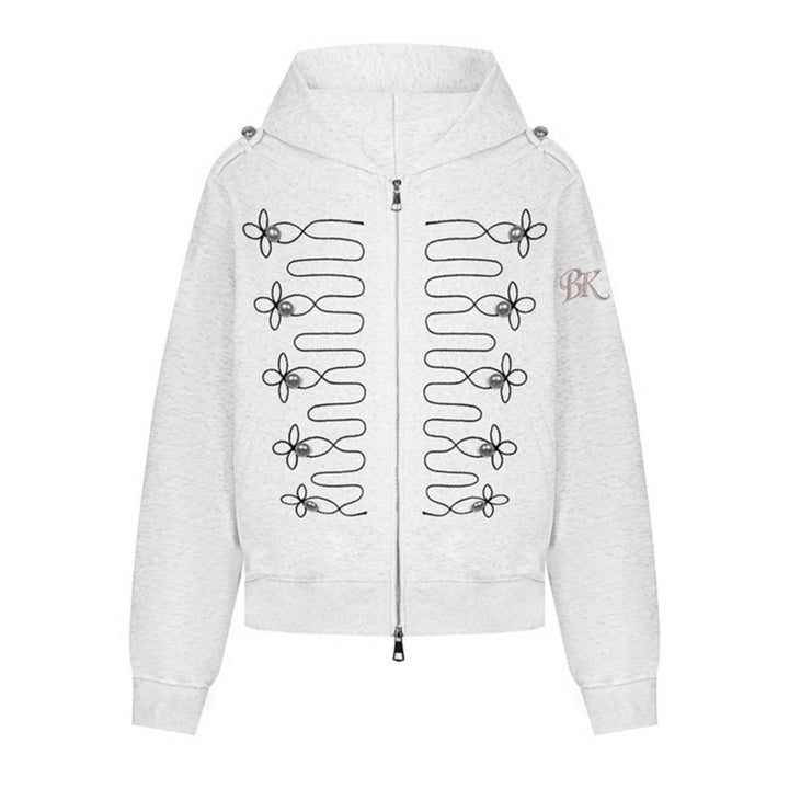 Women's hooded sweatshirt jacket with decorative frogging embroidery and pearl buttons Amarae