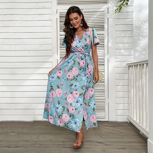 Floral wrap maxi dress for women with high slit Amarae