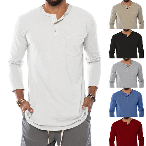 Men's Long Sleeve Henley Shirt with a stylish snap button and a practical chest pocket Amarae