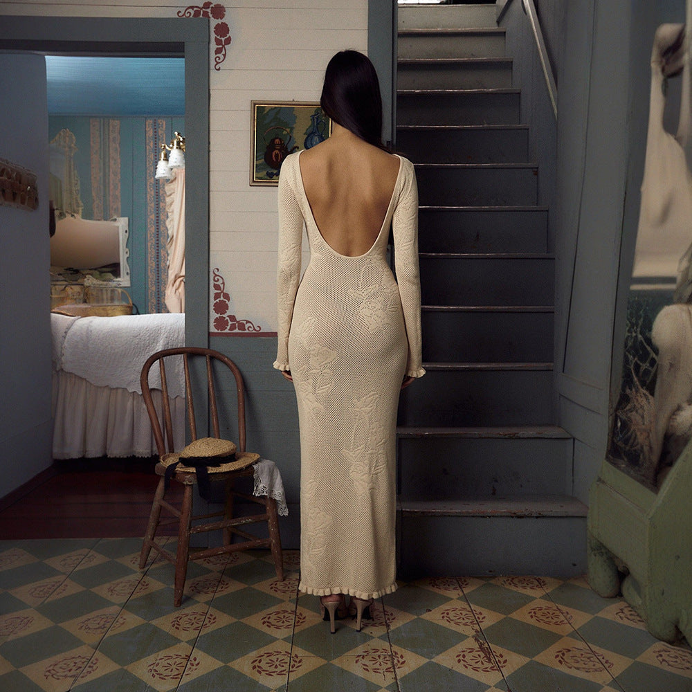 Maxi dress for women with plunging neckline and refined crochet pattern Lune London