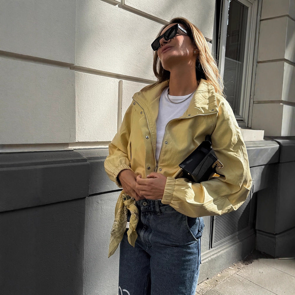 Women's Short Satin Look Bomber Jacket with Zipper, Snap Buttons & Elastic Cuffs Amarae