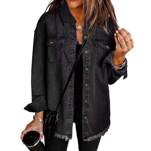 Casual denim shirt for women with frayed edges and convenient chest pockets Amarae