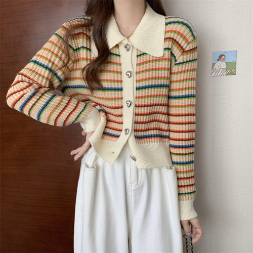 Striped knit jacket for women with stylish collar and shiny buttons Amarae