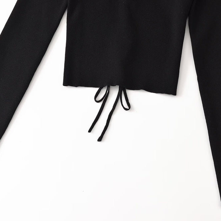 Women's Cropped Fine Knit Top with Deep V-Neck, Decorative Lacing Front and Drawstring Hem