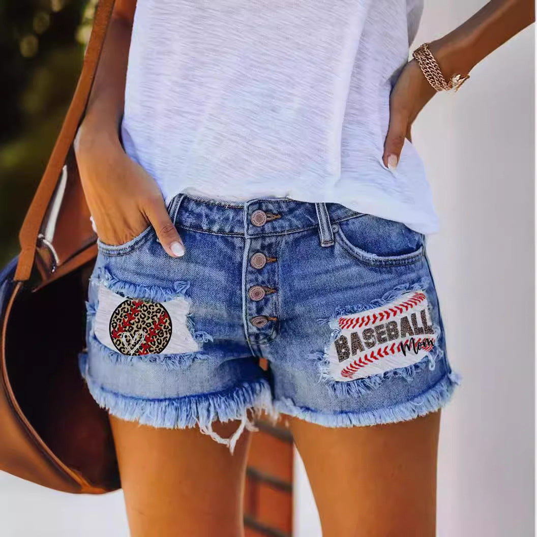 Women's denim shorts with vintage fringes and patriotic appliqués Lune London