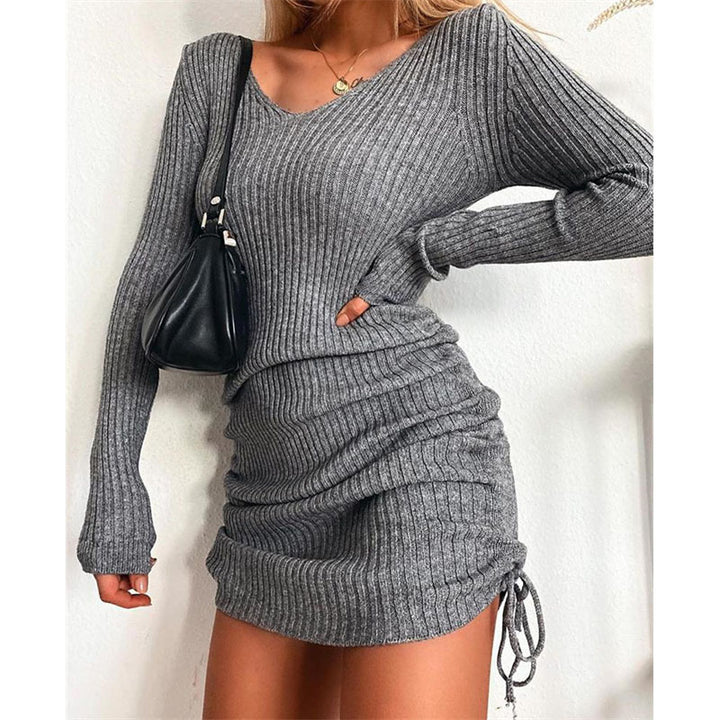 Women's Knit Mini Dress with Ruching and V-Neck Lune London