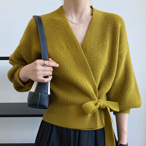 Knitted wrap sweater for women with a belted waist and raglan sleeves Amarae