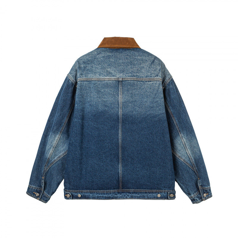 Men's Oversized Denim Jacket with Cord Collar and Diagonal Chest Pocket Detail Amarae