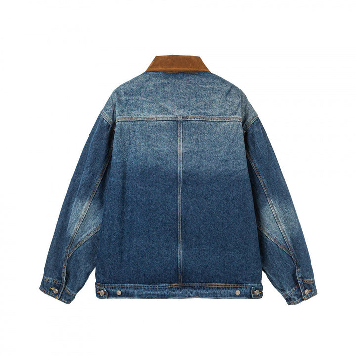 Men's Oversized Denim Jacket with Cord Collar and Diagonal Chest Pocket Detail Amarae