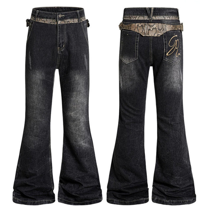 Women's High Waisted Flared Jeans with Adjustable Hip Straps and Vintage Wash Amarae