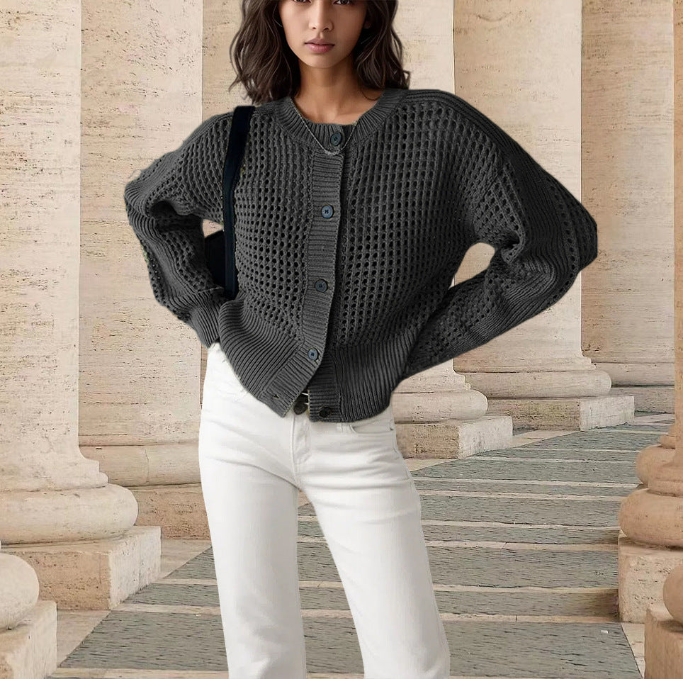 Knit jacket for women with an open weave design and large buttons Lune London