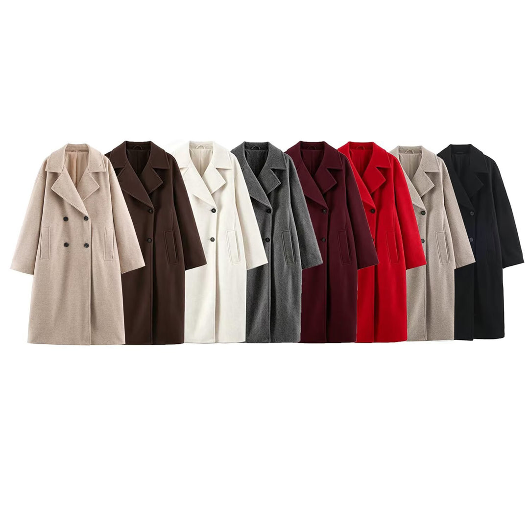 Women Mid-Length Wool Blend Double-Breasted Coat with Wide Lapels and Side Pockets Amarae