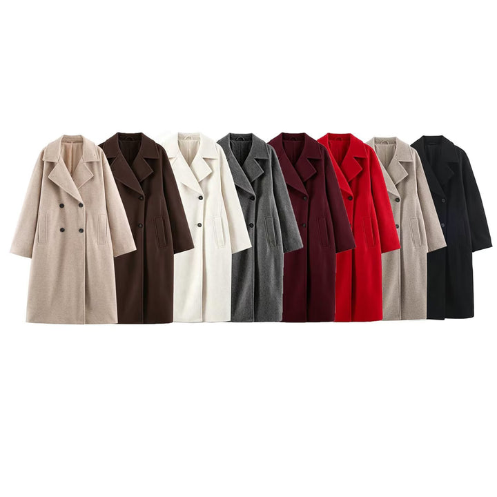 Women Mid-Length Wool Blend Double-Breasted Coat with Wide Lapels and Side Pockets Amarae