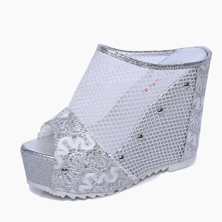 Wedge heel sandals for ladies with an elegant mesh design and sparkling embellishments Lune London