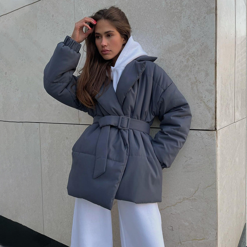 Women Elegant and warm quilted jacket with waist belt Lune London