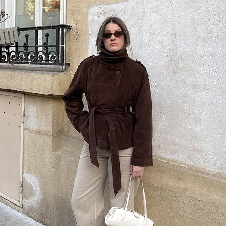 Women's short jacket made of suede with a high stand-up collar and tie belt Amarae