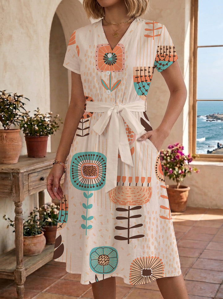 Women’s midi dress with colorful floral design and adjustable tie belt Lune London