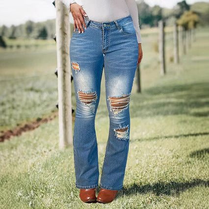 Women's Bootcut Jeans with Knee Rips made of Stretch Denim and Mid Rise Amarae