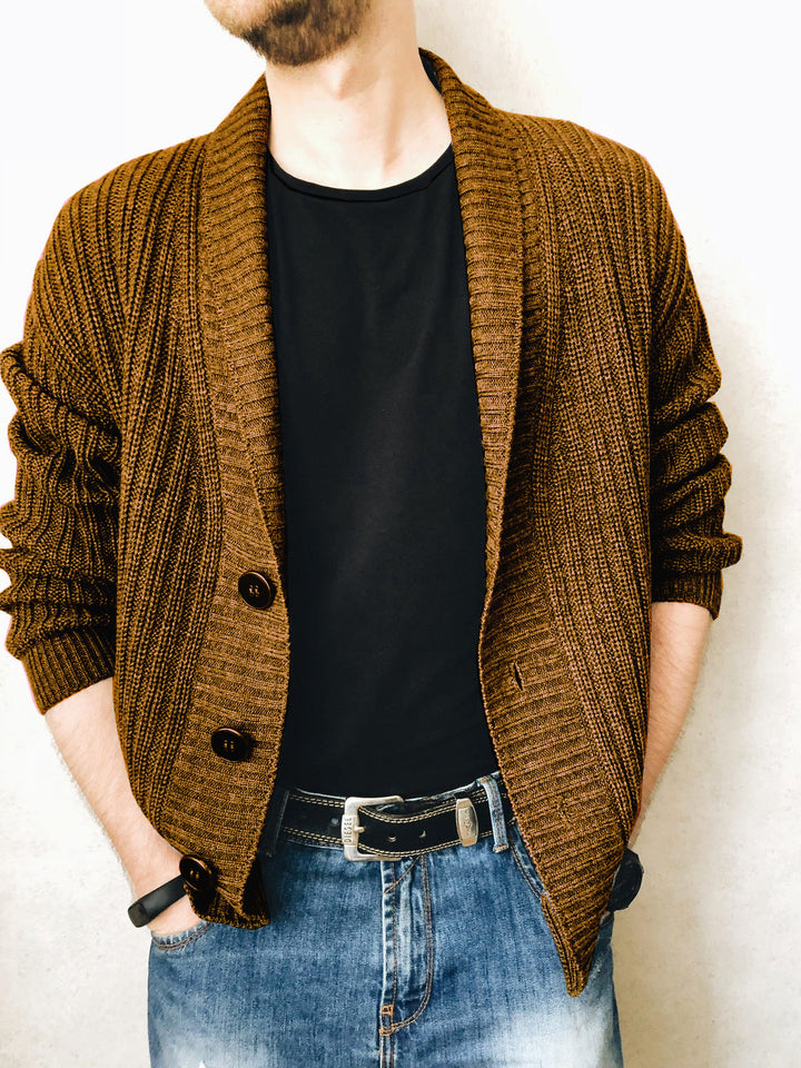 Men's knitted jacket with large collar and decorative buttons Lune London