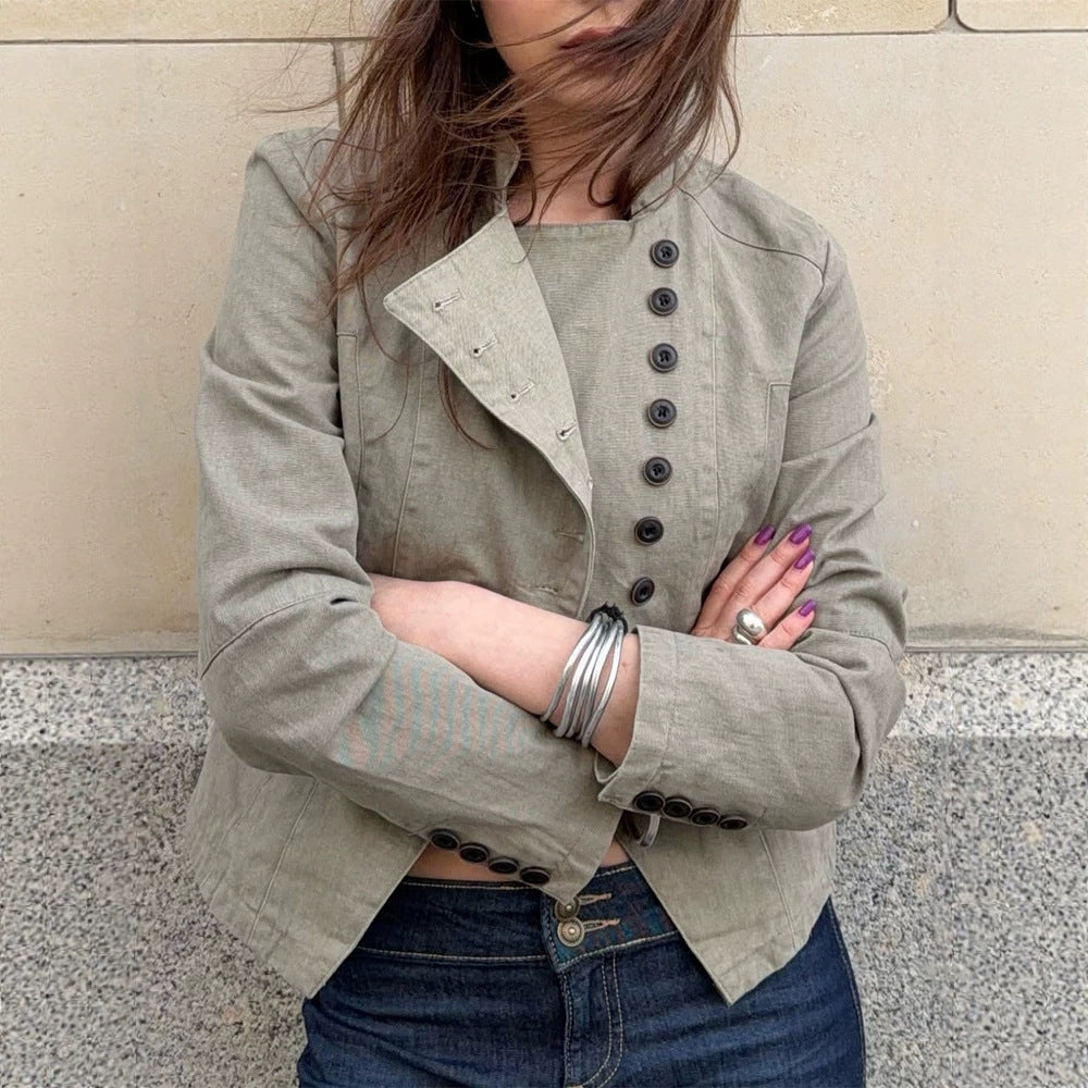 Women Asymmetrical Short Jacket with Double Decorative Button Placket and Stand Collar Amarae