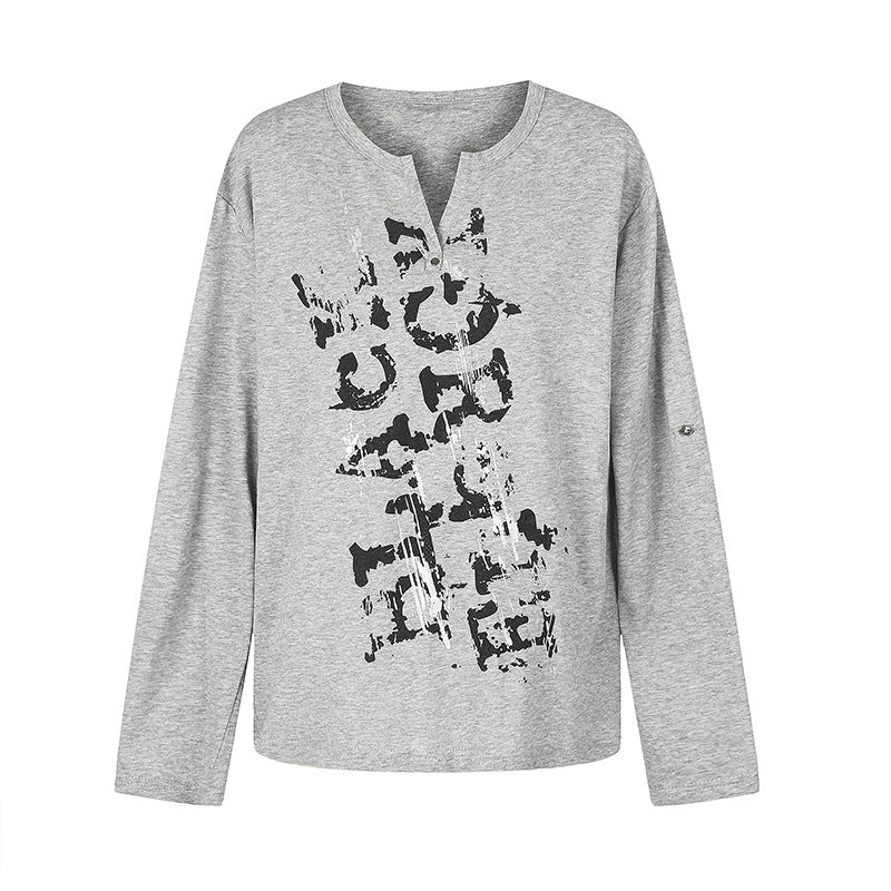 Women Long Sleeve Shirt with Notch Neckline and Vintage Print Amarae