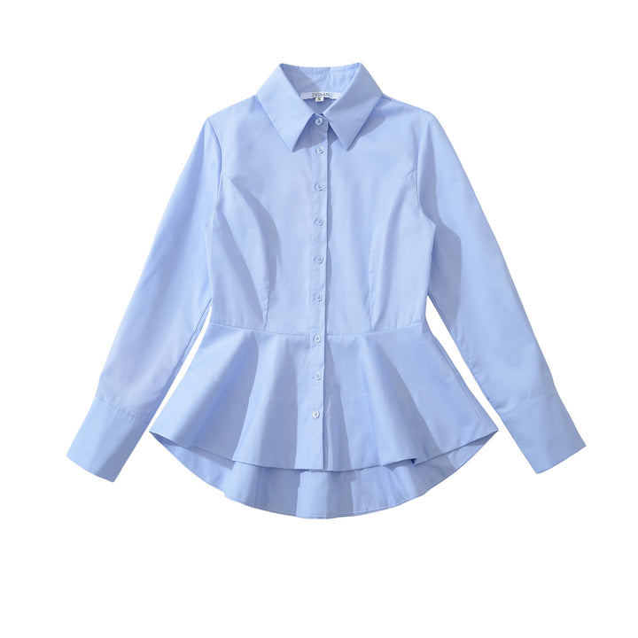 Women's fitted peplum blouse with shirt collar and double-layered hem