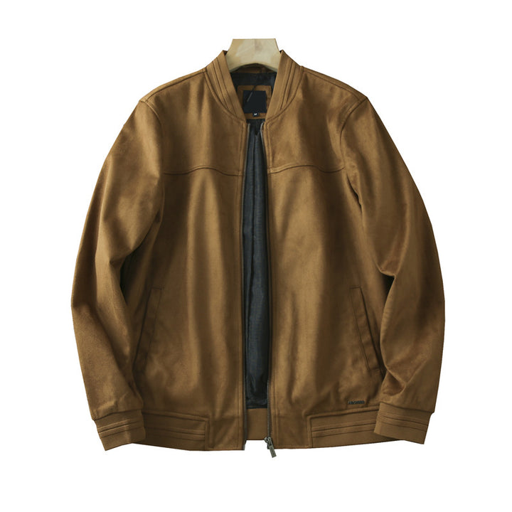 Men's leather bomber jacket with ribbed collar, concealed zipper, and side pockets Amarae